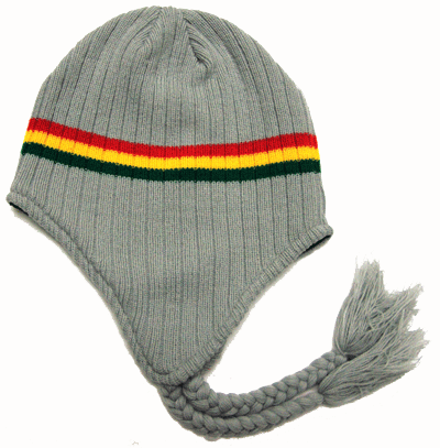 HAT-W#15  Gray Earflap Rasta Stripes