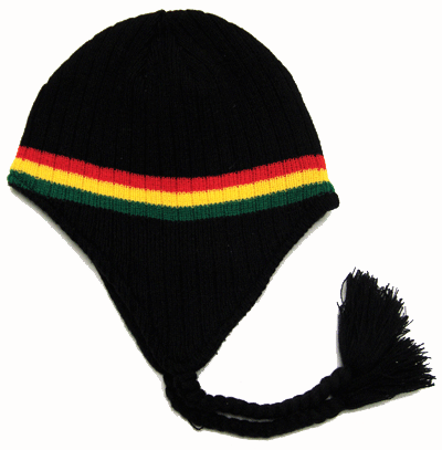 HAT-W#15 Black   Earflap Rasta Stripes